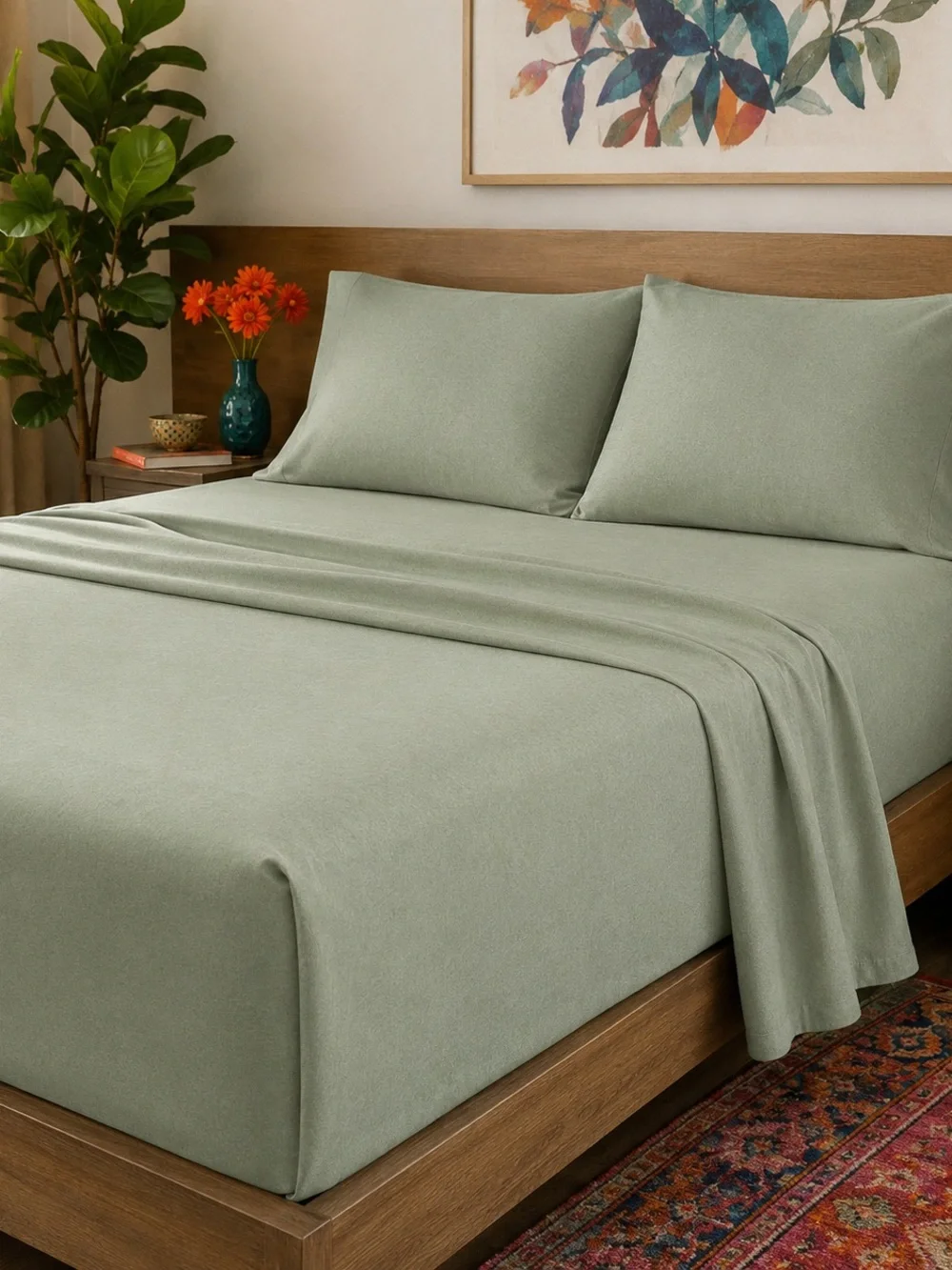FreshFolds Queen Heathered Olive Jersey Knit 4 Piece Sheet Set